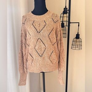 LOFT Marled Tan Pointelle Knit Sweater WomensLarge Pullover Chunky Cozy Knit Top